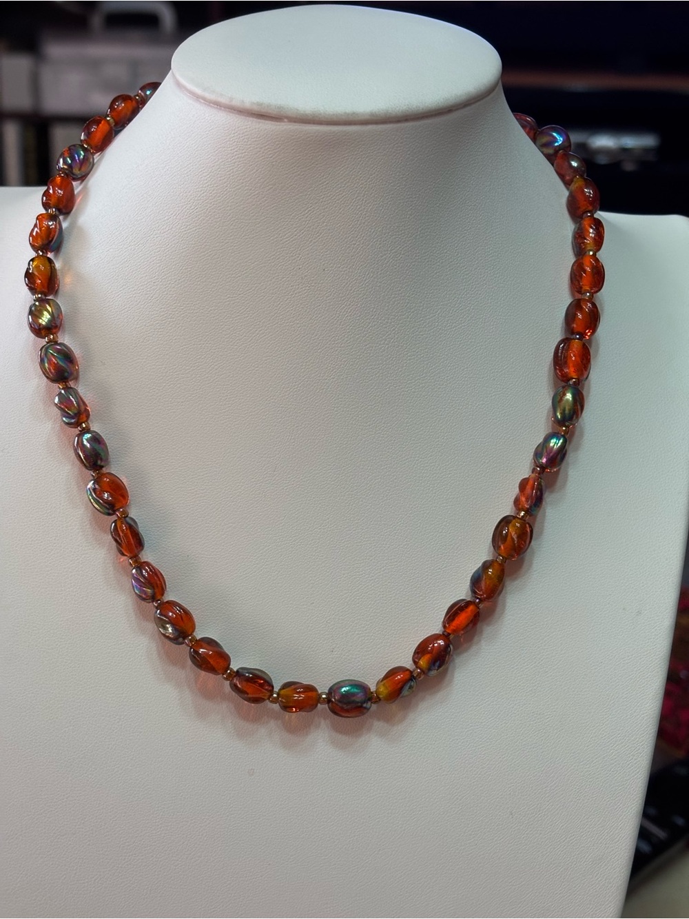 Amber Orange Brown Iridescent Glass Beaded Necklace 18.5 inches